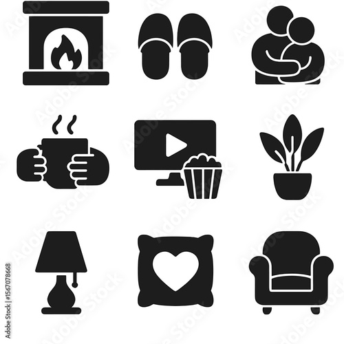 Cozy Evening Icons. Solid, filled icons set of cozy evenings at home: fireplace icon, warm slippers, cuddling