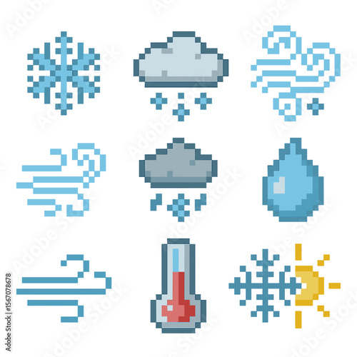Pixel Weather Icons. Pixel art icon set of weather icons: pure flake, cloud with snow, flurry swirl, blizzard wind, snow shower,
