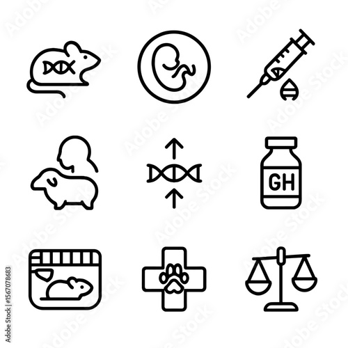 Animal Biotechnology Icons. Outline icon set of animal biotechnology applications: transgenic mouse silhouette, embryo in petri