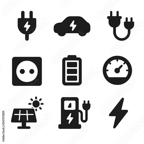 Electric Vehicle Icons. Solid, filled icon set of electric vehicle charging stations: charging plug, EV car, charging cable, power
