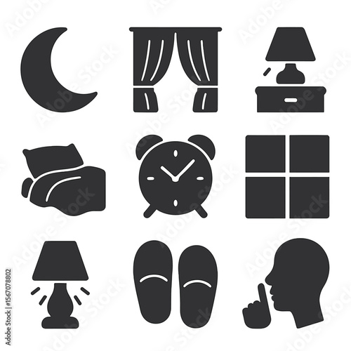 Cozy Nighttime Icons. Solid, filled icons set of nighttime cozy atmosphere: moon icon, closed curtain,