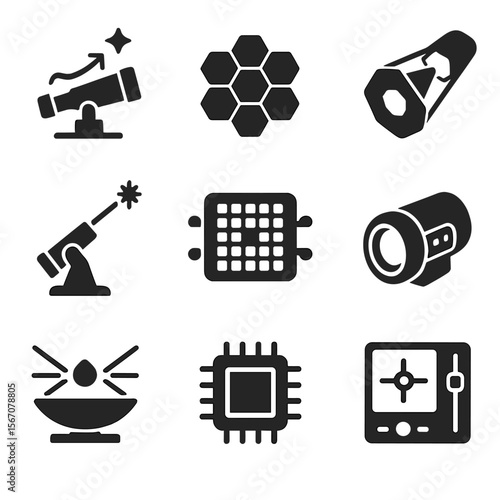 Telescope Technology Icons. Solid, filled icons set of cutting-edge telescope technology: adaptive optics,