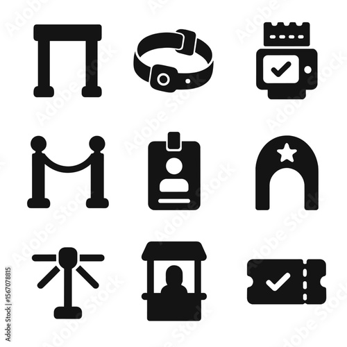 Ticketing Icons Set. Solid, filled icons set of ticketing and entry: entrance gate, wristband, ticket scanner,
