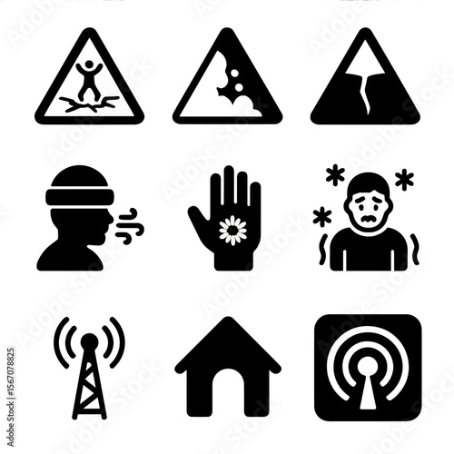 Polar Safety Icons Grid. Flat icon set of polar safety signs: thin ice warning, avalanche hazard, crevasse danger, cold stress