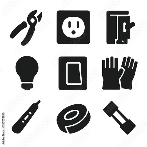 Electrical Repair Icons. Solid, filled icon set of electrical repairs: wire cutter, electrical outlet, circuit breaker, light bulb