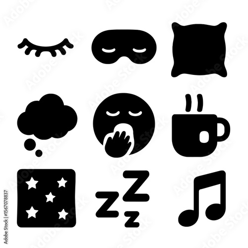 Dreamy Sleep Icons. Solid, filled icon set of dreamy sleep symbols: closed eyes, sleep mask, feather pillow, dream bubble, yawning