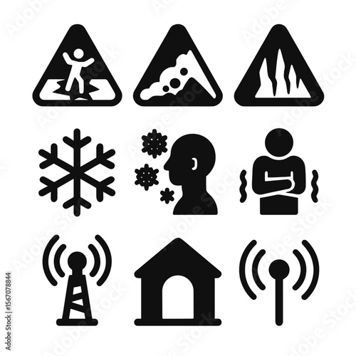 Polar Safety Icon Set. Solid, Filled icon set of polar safety signs: thin ice warning, avalanche hazard, crevasse danger, cold