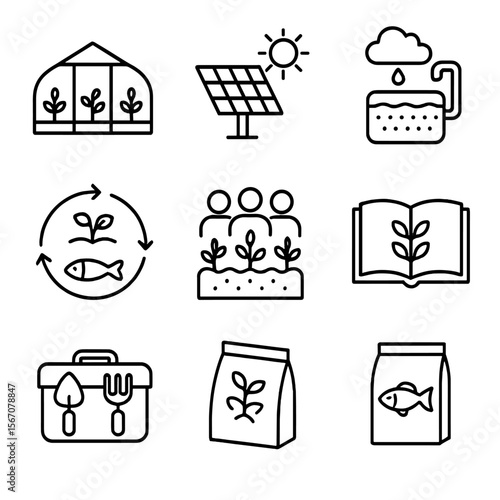 Aquaponics Icon Set. Outline icon set of sustainable aquaponics design and community: greenhouse structure, solar panel, rainwater
