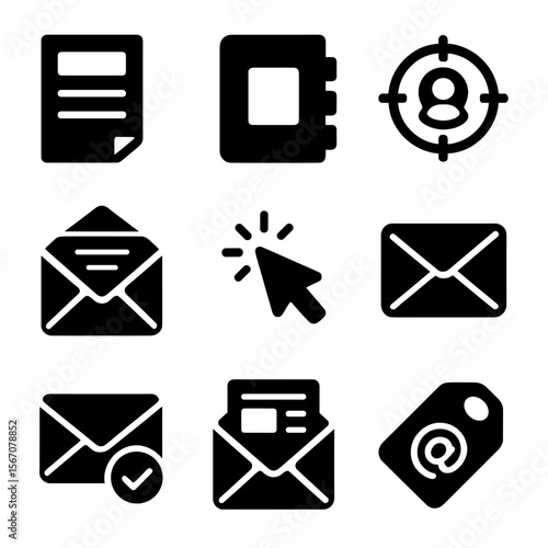 Email Marketing Icons. Solid, filled icon set of email marketing elements: newsletter, mailing list, target audience, open email,