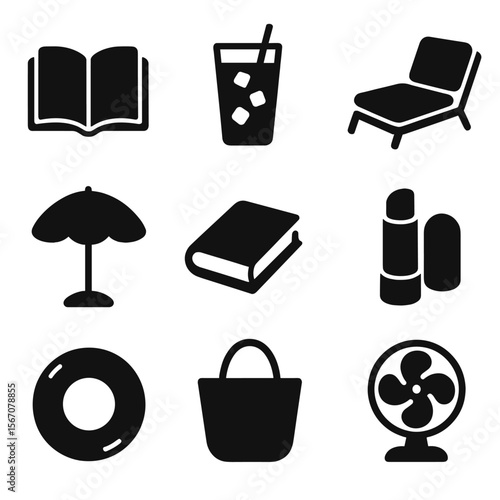Cozy Poolside Icons. Solid, filled icons set of cozy poolside moments: open novel, iced soda, chair cushion,
