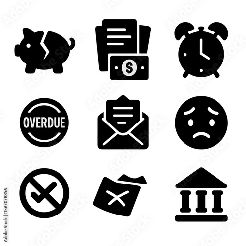 Financial Stress Icons. Solid, filled icon set of financial stress and unpaid bills: broken piggy bank, pile of papers, dollar