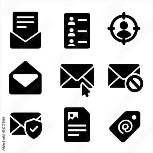 Email Marketing Icons. Solid, filled icon set of email marketing elements: newsletter, mailing list, target audience, open email,