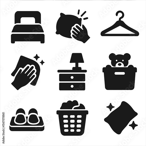 Tidy Bedroom Icons. Solid, filled icons set of bedroom tidying: made bed, pillow fluff, clothes hanger,