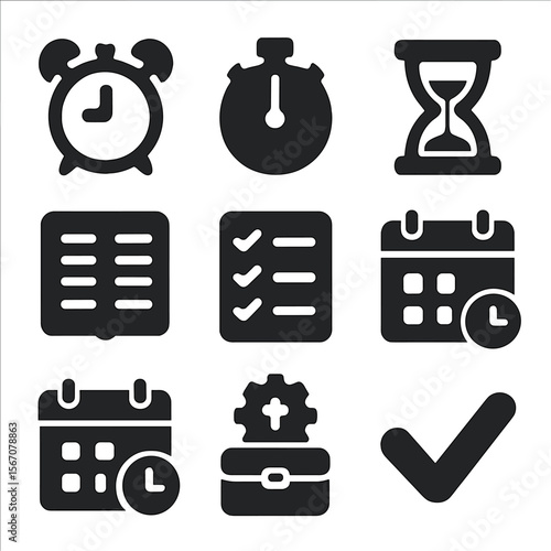 Time Management Icons. Solid, filled icons set of time management tools: alarm clock, stopwatch, hourglass,