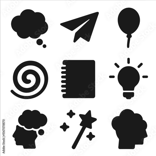 Dreamy Icon Set. Solid, filled icon set of dreamy imagination: thought bubble, paper airplane, floating balloon, abstract swirl,