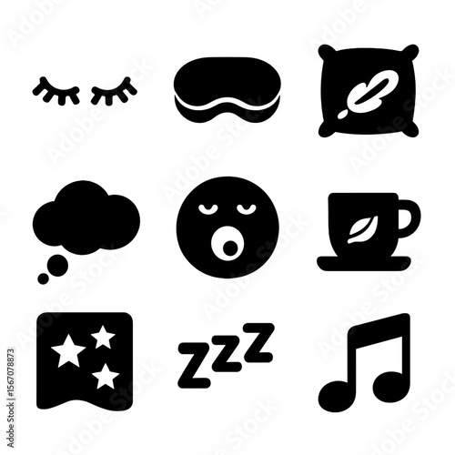 Dreamy Sleep Icons. Solid, filled icon set of dreamy sleep symbols: closed eyes, sleep mask, feather pillow, dream bubble, yawning