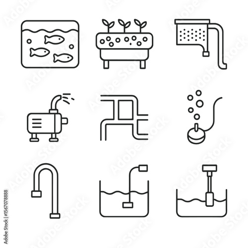 Aquaponics System Icons. Outline icon set of aquaponics system components: fish tank, grow bed, biofilter module, water pump,