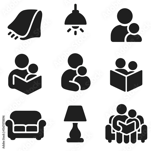 Cozy Reading Icons. Solid, filled icons set of parent and child reading time: cozy blanket, warm light, parent