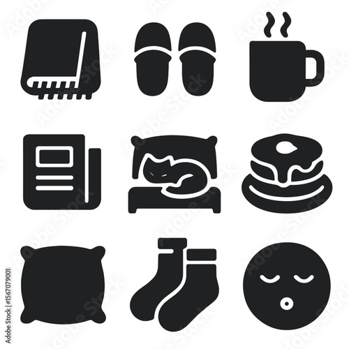 Cozy Weekend Icons. Solid, filled icons set of cozy weekend mornings: blanket, slippers, coffee mug, newspaper