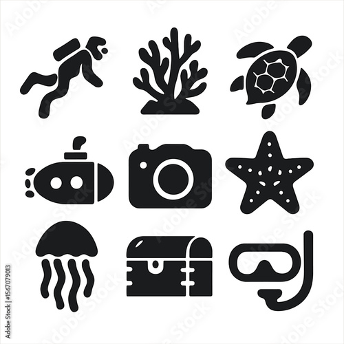 Underwater Exploration Icons. Solid, filled icons set of underwater exploration and marine life: scuba diver,
