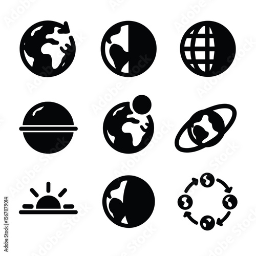 Earth Motion Icons. Solid, filled icon set of Earth’s motion in space: rotation arrow, day-night icon, time zones, equator line,