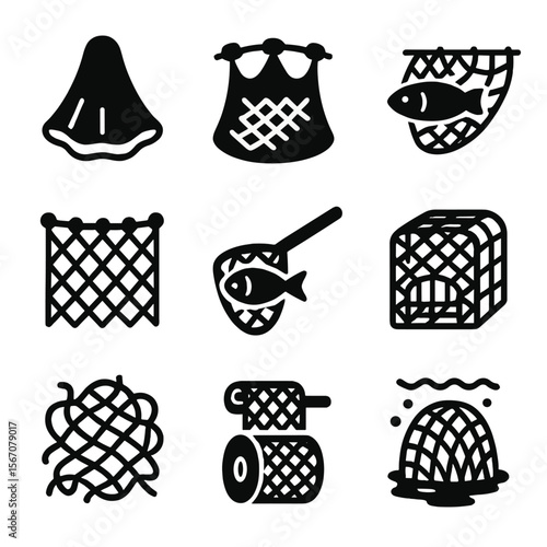 Fishing Net Icons. Solid, filled icon set of fishing nets: cast net, trawl net, net with fish, buoyed net, hand net, fish cage,