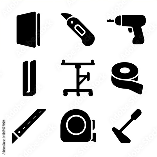 Drywall Handling Icons. Solid, filled icon set of drywall and plasterboard handling: drywall sheet, utility knife, screw gun, wall