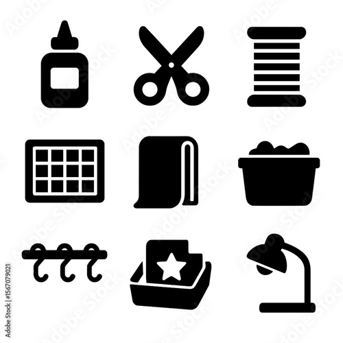 Craft Workspace Icons. Solid, filled icons set of craft and maker workspace: glue bottle, scissors, thread