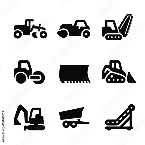 Earthmoving Equipment Icons. Solid, filled icon set of earthmoving equipment: grader, scraper, trenching machine, roller,