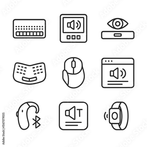 Assistive Technology Icons. Outline icon set of assistive technology devices: braille display, speech-generating device,