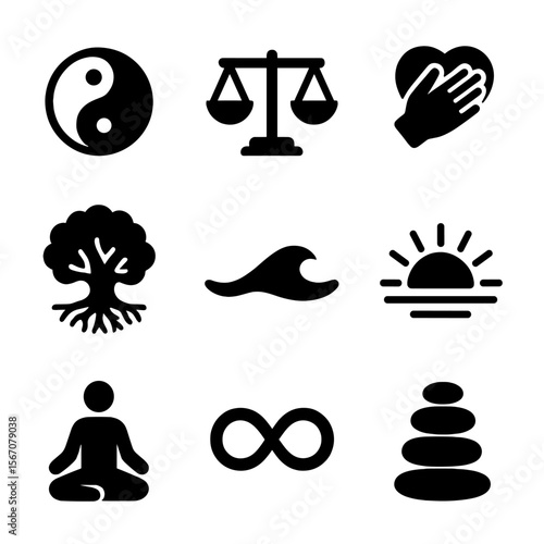 Emotional Balance Icons. Solid, filled icon set of emotional balance: yin-yang, scale, hand over heart, tree with roots, gentle