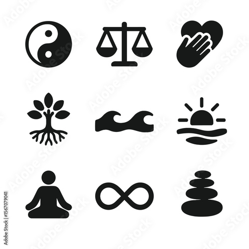 Emotional Balance Icons. Solid, filled icon set of emotional balance: yin-yang, scale, hand over heart, tree with roots, gentle