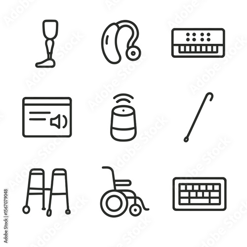 Assistive Tech Icon Set. Outline icon set of assistive technology devices: prosthetic limb, hearing aid, braille display, screen