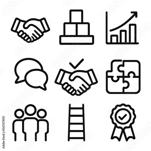 Trust Process Icons. Solid, filled icon set of trust development process: handshake, foundation blocks, growth chart, conversation