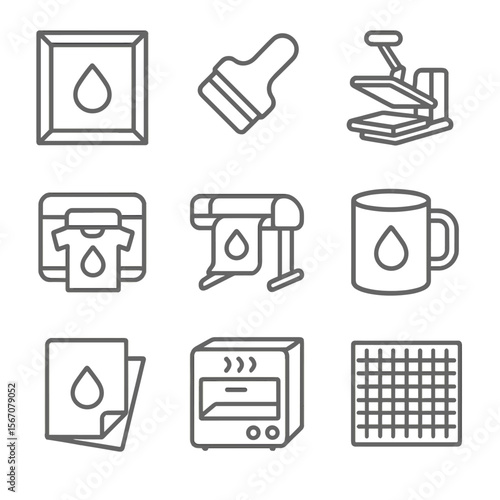 Printing Techniques Icons. Outline icon set of printing techniques: screen print frame, ink squeegee, heat press,