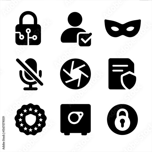 Privacy Icon Grid. Solid, Filled icon set of privacy and security features: data encryption, user consent checkbox, anonymization