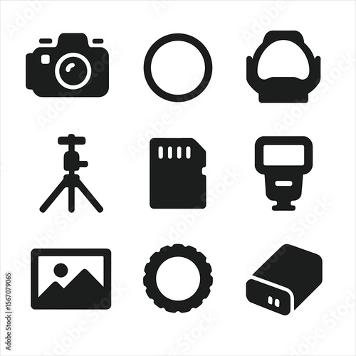 Underwater Photography Icons. Solid, filled icons set of underwater photography gear: waterproof camera, light