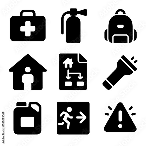 Emergency Preparedness Icons. Solid, filled icon set of household emergency preparedness: first aid kit, fire extinguisher,