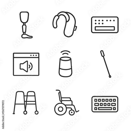 Assistive Tech Icon Set. Outline icon set of assistive technology devices: prosthetic limb, hearing aid, braille display, screen