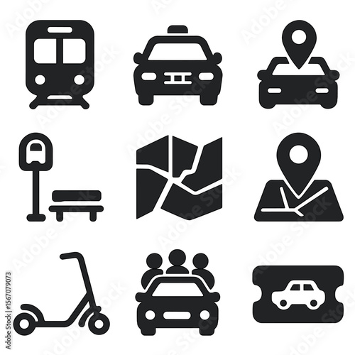 Urban Commuting Icons. Solid, filled icons set of urban commuting and travel: subway icon, taxi icon,