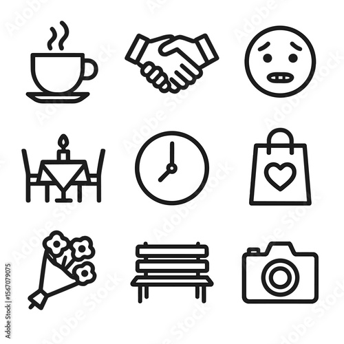 First Date Icons. Solid, filled icon set of first date moments: coffee cup, handshake, nervous smile, restaurant table, clock,