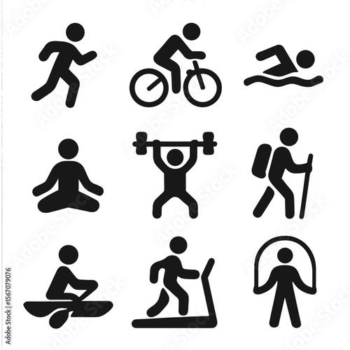 Fitness Activity Icons. Solid, filled icon set of fitness activities tracking: running, cycling, swimming, yoga, weightlifting,