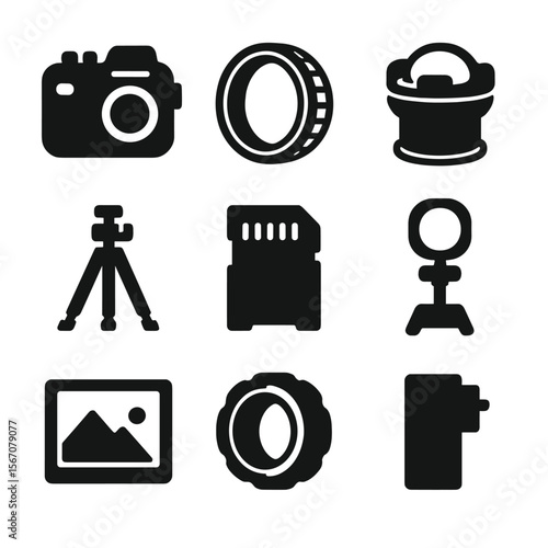 Underwater Photography Icons. Solid, filled icons set of underwater photography gear: waterproof camera, light
