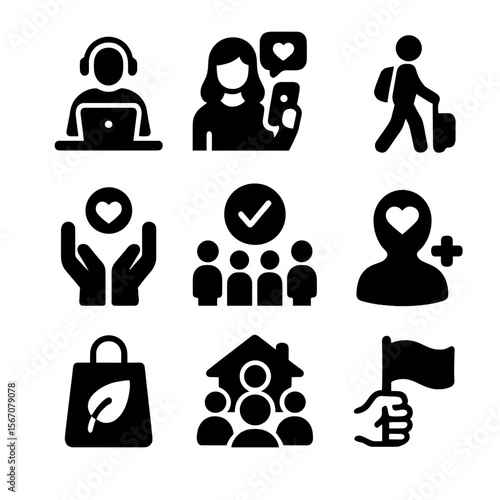 Emerging Social Trends Icons. Solid, filled icon set of emerging social trends: remote work, social media influence, digital