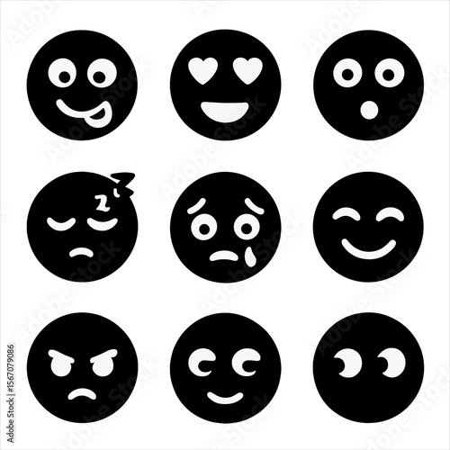 Emotional Icon Grid. Solid, filled icon set of emotional facial expressions: hungry eyes, heart eyes, surprised eyes, sleepy eyes,