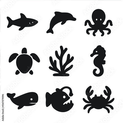Underwater Creatures Icons. Solid, filled icon set of underwater creatures: shark, dolphin, octopus, sea turtle, coral, seahorse,