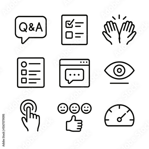 Audience Engagement Icons. Outline icon set of audience engagement and interaction: speech bubble Q&A, polling checkbox, applause