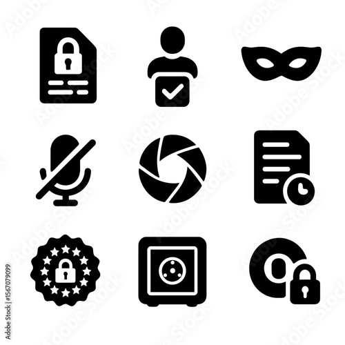 Privacy Icon Grid. Solid, Filled icon set of privacy and security features: data encryption, user consent checkbox, anonymization