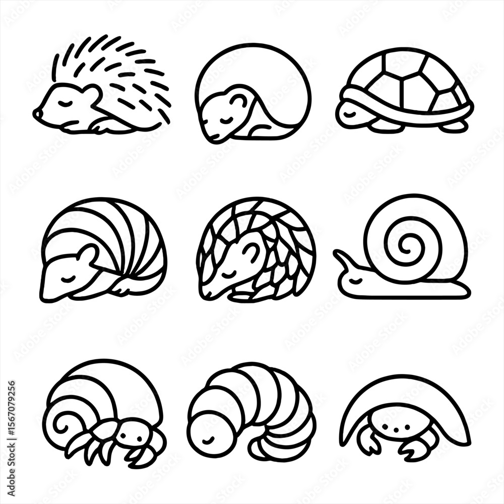 Fototapeta premium Protective Sleep Icons. Outline icon set of protective sleep positions: porcupine curl, hedgehog ball, turtle shell retreat,
