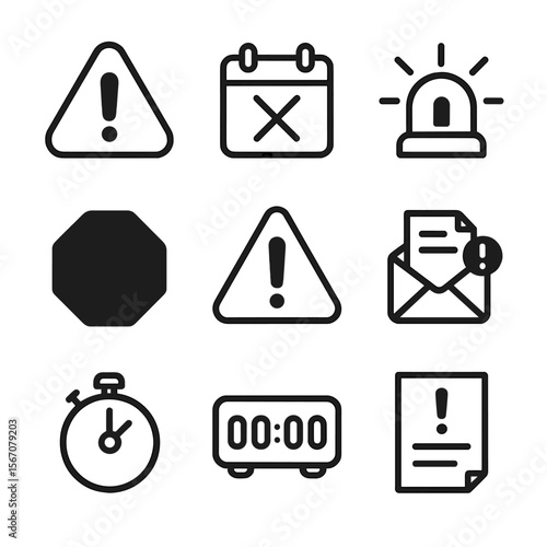 Urgent Deadline Icons. Solid, filled icon set of overdue and urgent due dates: red alert, crossed calendar, flashing alarm, stop